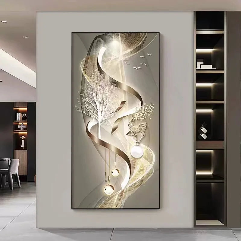 Living room decoration painting, modern minimalist high-end feeling, illuminated corridor with hanging paintings and lights