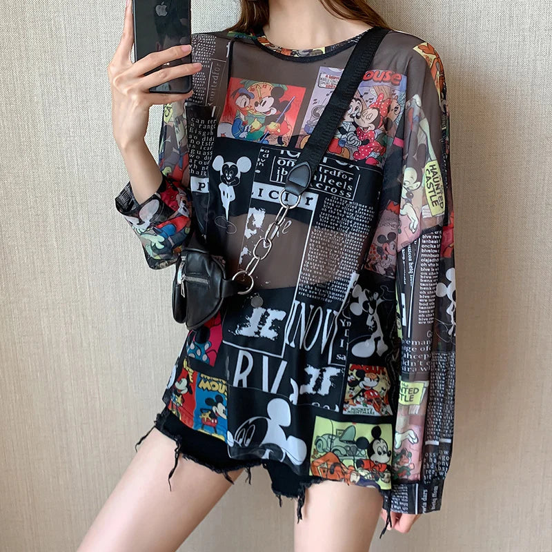 T-Shirts Women cartoon print Casual Trendy Elegant Sun-proof Sexy Ladies Tees Teens Sheer Tops Summer Beach Simple Cozy