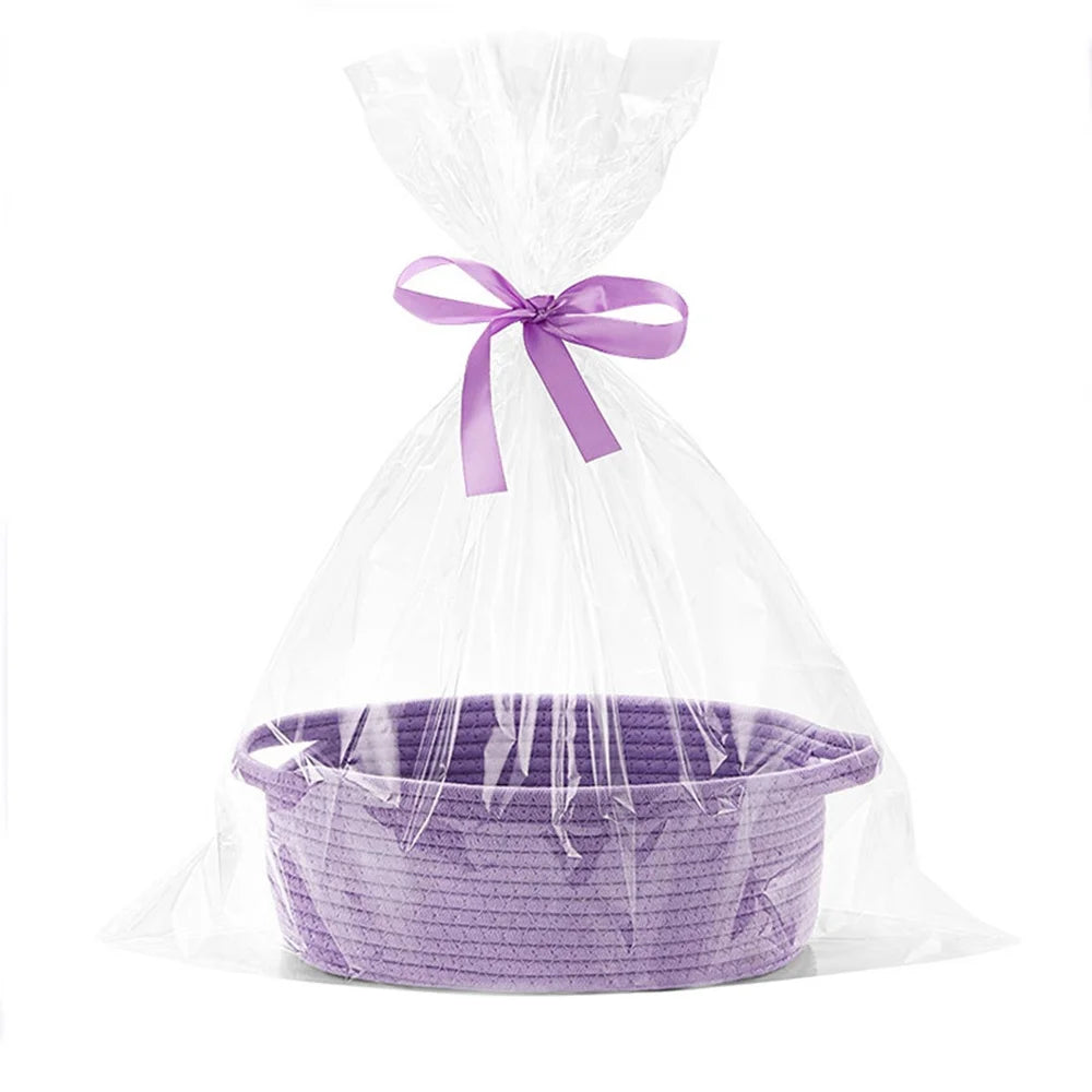 Easter Rope Basket With Transparent Packaging Bag And Ribbon Bow Woven Basket Open Dish Storage Basket Shelf Basket Key Towel