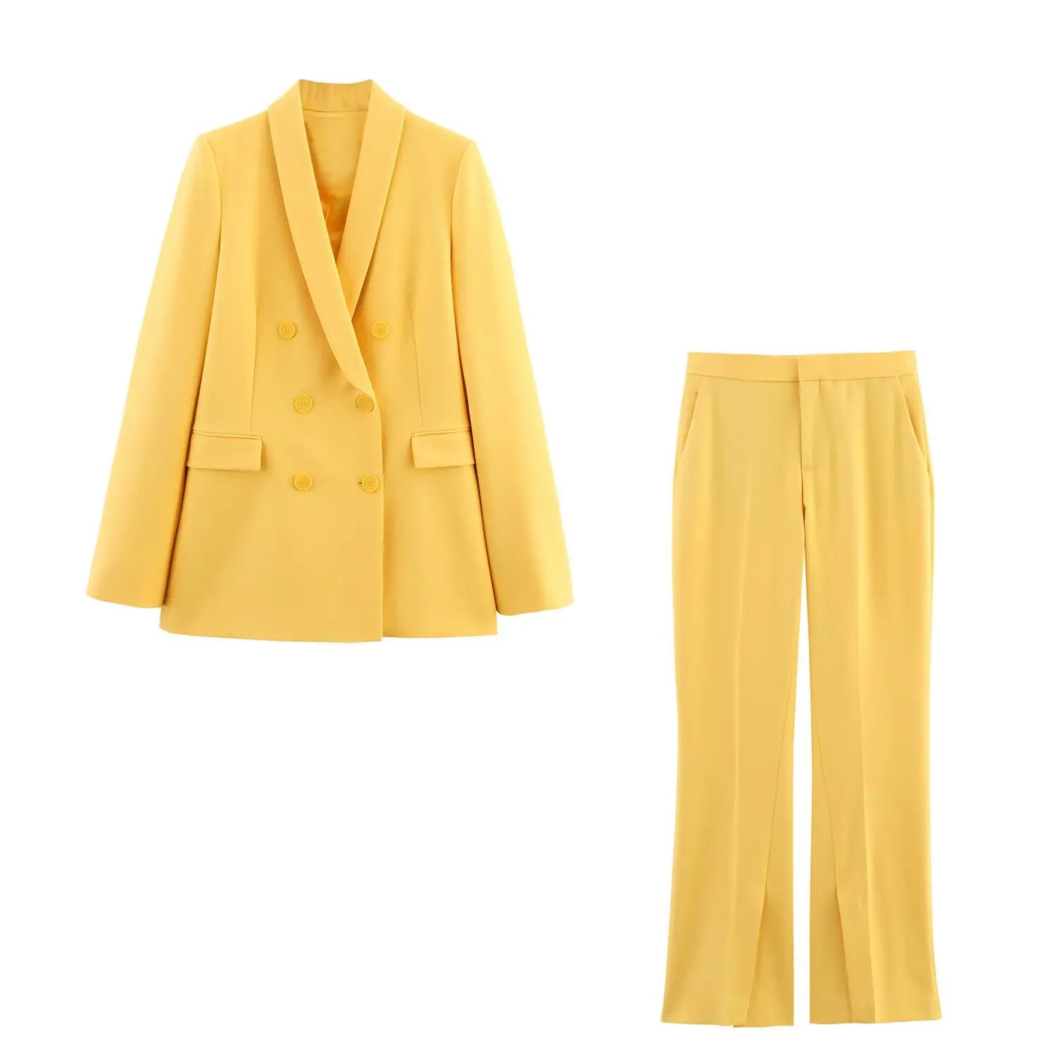 Office Lady Suits Two Piece Pant Set Turn-Down Collar Long Sleeve Double-Breasted Blazers+Mid Waist Zipper Flared Pants