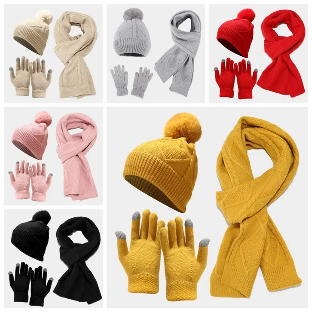 Beanies Cap Elastic Scarf and Hat Set Touch Screen Warm Cold Proof Gloves Acrylic Fibers Solid Color Pullover Cap Windproof