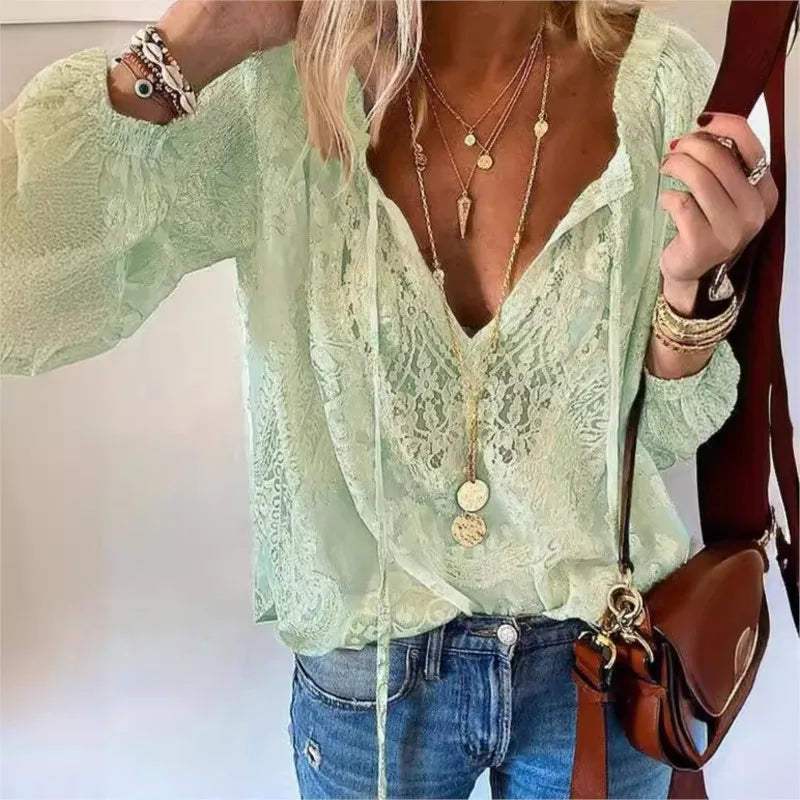 Women's Blouses Spring Summer Fashion Boho Lace Hollow Out Deep V Neck Pullover Shirt Women Elegant Casual Blouse Female Tops