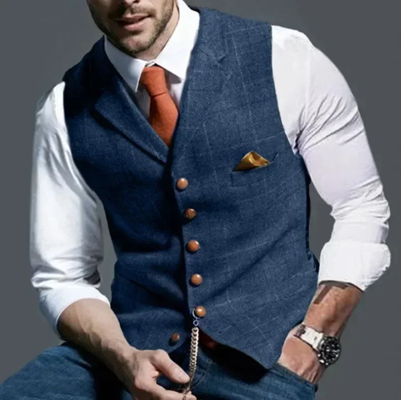 2025 Men's Formal Vests Lapel Tweed Plaid V-neck Waistcoat Slim Vest Business Formal Dress Suit Casual Wedding Tuxedo Male Vest