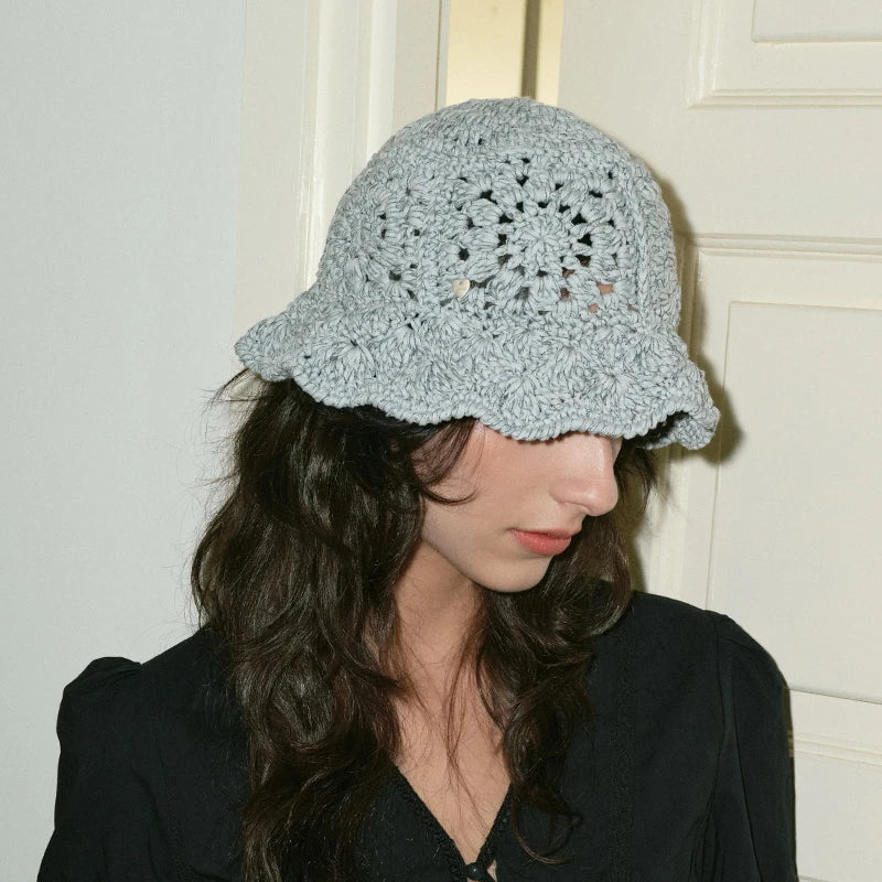 Korean Retro Hollow Crochet Knitted Bucket Hats for Men Women Summer Autumn Versatile Show Face Small Casual Basin Cap Bob Homme