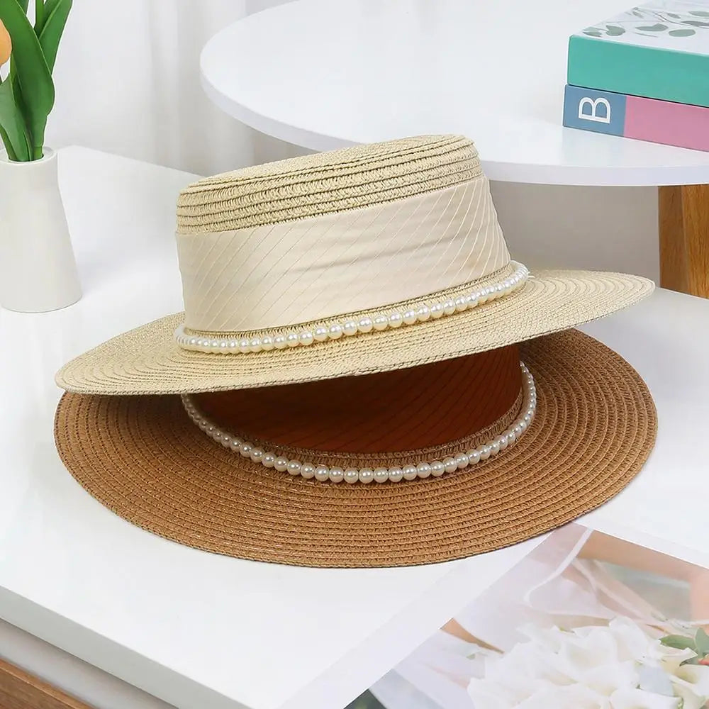 Women's Hat Female Hepburn Style Straw Hat Spring And Summer New Flat Top Hat French Retro Sun Hat Net Red Same Style Straw Hat