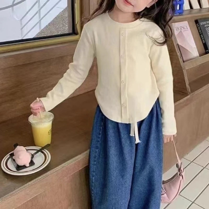 Children T-shirt Slim Top Solid Color Fashion Breasted T-shirt Long Sleeve Girls Play Undershirt Kids Clothes for Girls