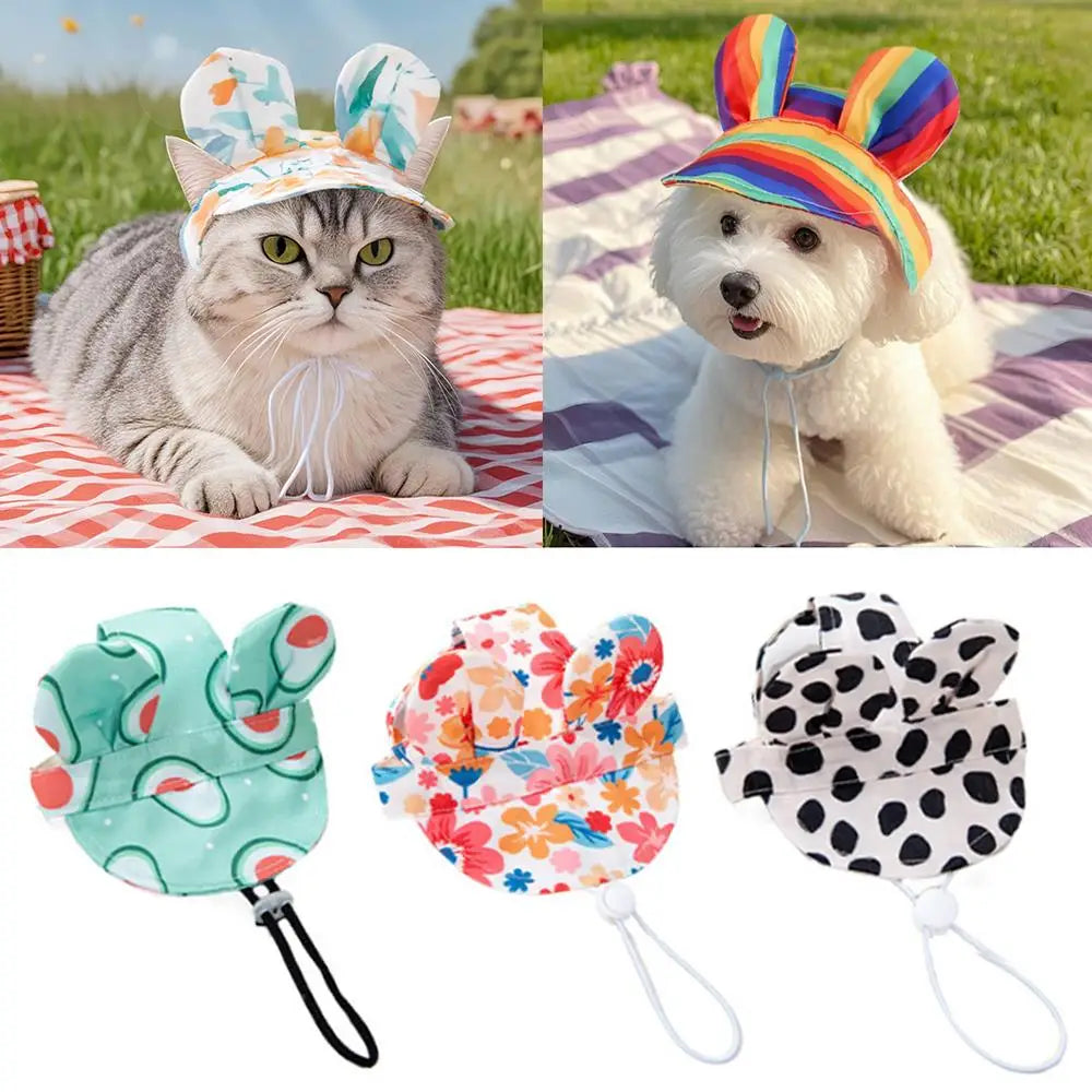 Pet Hats  With Ear Holes Cat Ears Flower Stripe Bucket Hat Dogs Breathable Fisherman Cap Adjustable Puppy Kitten Sun Hat Soft
