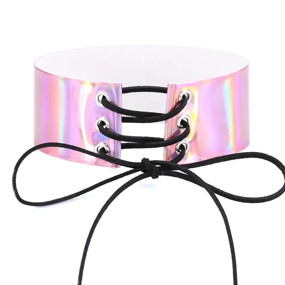 Lace up chokers necklaces for women Holographic choker gothic Wide Chocker Corset PU Leather neck jewelry