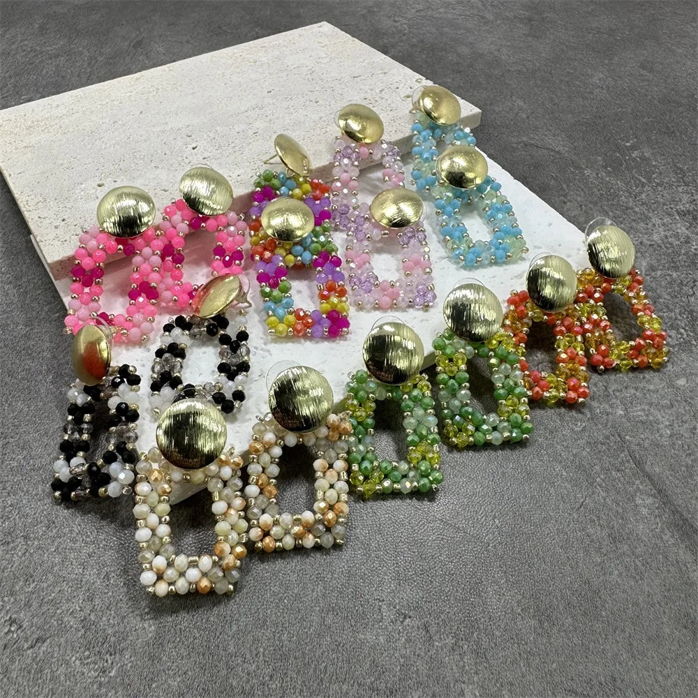 Big Drop Earrings For Women Metal Thread Beads Handmade Crystal Long Earrings Statement Fashion Jewelry