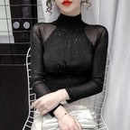 Women's T Shirts Female Tops 2024 Clothes  Glitter Sequin Black Tshirts Rhinestone Mesh Novelties Kpop Korea Stylish Fitted Tees