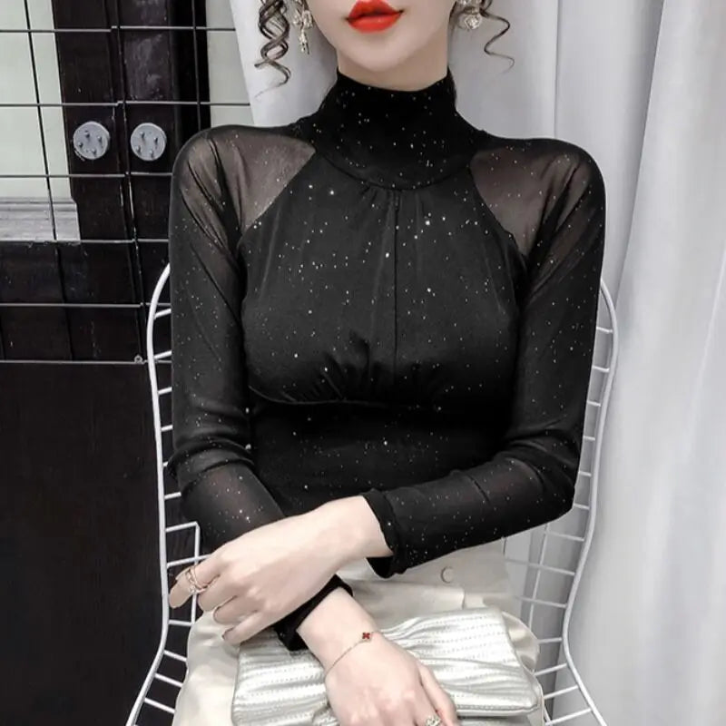 Women's T Shirts Female Tops 2024 Clothes  Glitter Sequin Black Tshirts Rhinestone Mesh Novelties Kpop Korea Stylish Fitted Tees