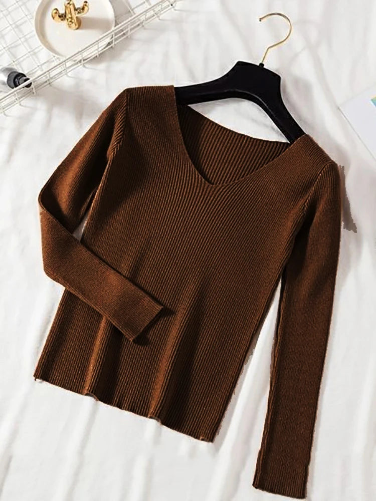 Women Sweater 2026 New Autumn Winter Long Sleeve Pullover Basic Top Fashion V-neck Elastic Female Winter Solid Knitted Jumper
