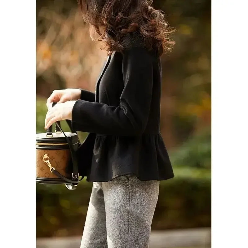 Wool Blend Coat for Women Autumn Plain Ruffles New In Trendy on Sale Mixtures Jacket Woman Medium High Quality Luxury Casual Hot