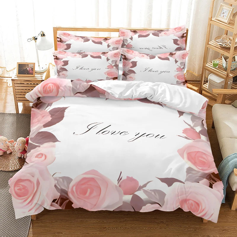 Valentine's Day I Love  style Digital Printed Duvet Set - Polyester - Bedroom Decor -1 bed cover +2 pillowcases (no pillow core)