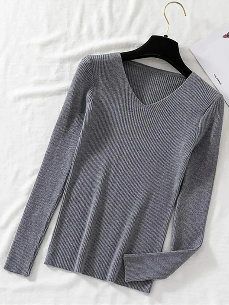 Women Sweater 2026 New Autumn Winter Long Sleeve Pullover Basic Top Fashion V-neck Elastic Female Winter Solid Knitted Jumper