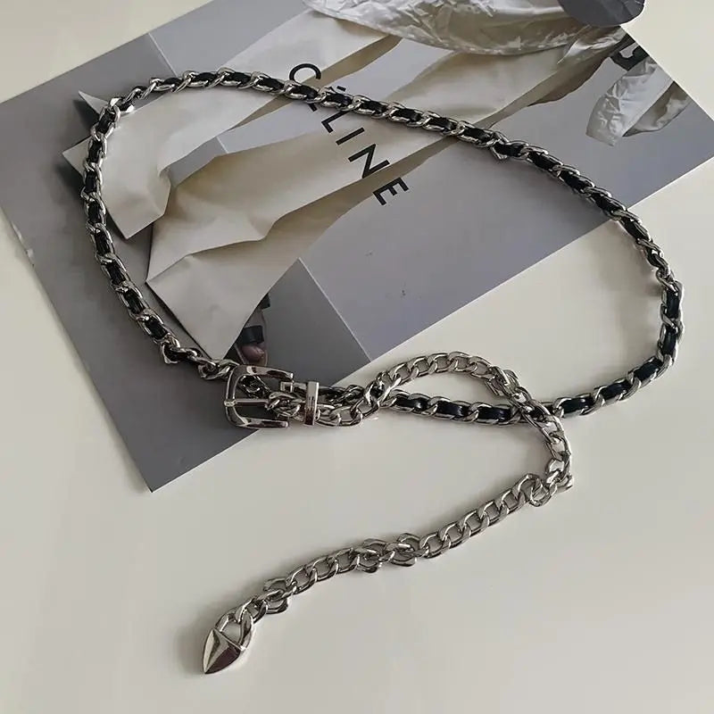 Chain Belt Women's Fashion Narrow Metal Belts Trim with Skirt Blouse Thin Waist Chain Gold Silver