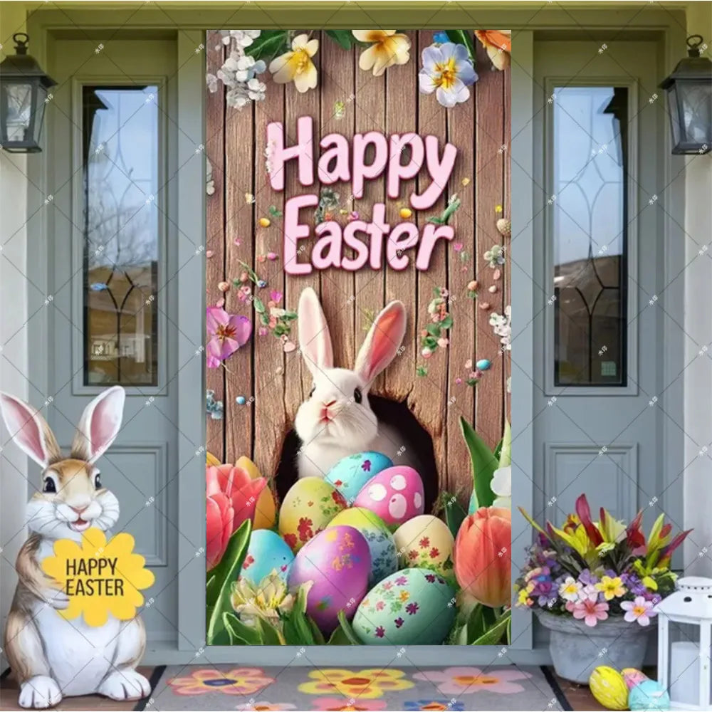 Spring Easter Theme Charming Rabbit On The Toilet Grass Flower Eggs Door Banner Cover Backdrop Easter Festival Party Porch Decor