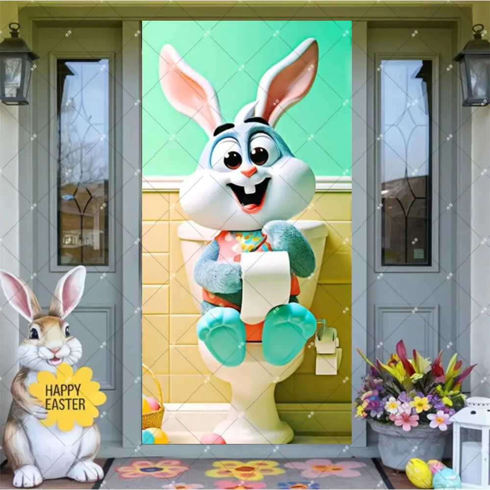 Spring Easter Theme Charming Rabbit On The Toilet Grass Flower Eggs Door Banner Cover Backdrop Easter Festival Party Porch Decor