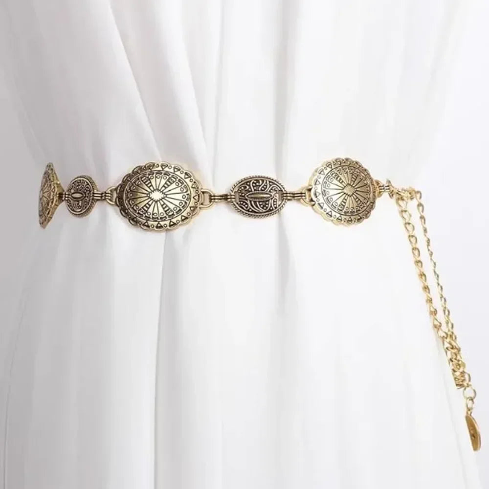Metal Chain Belt for Women Cowgirl Western Country Chain Belts Adjustable Concho Belt for Sweaters Dresses Jeans
