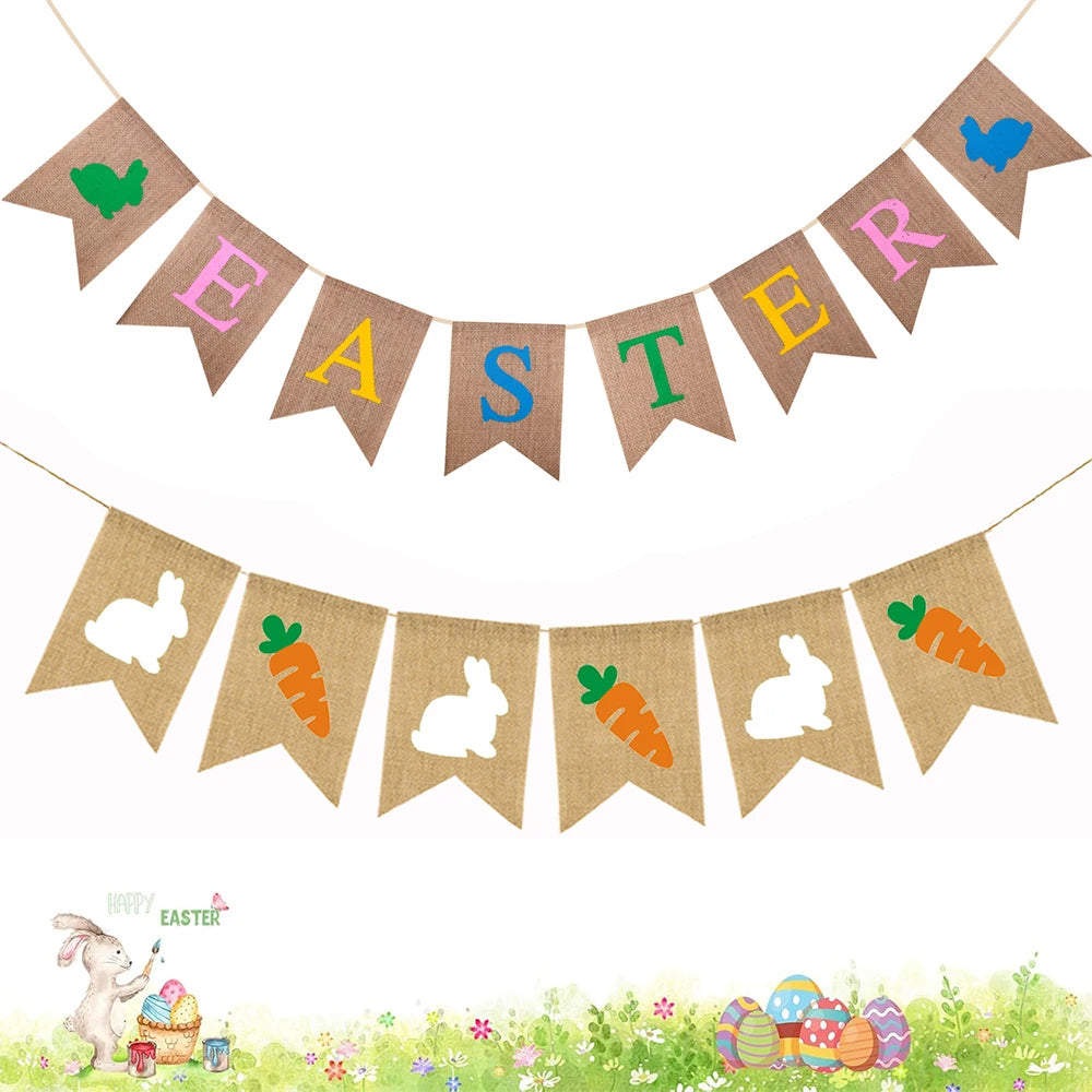 Easter Decoration Burlap Banner Cute Rabbit Carrot Hanging Garland for Easter Party Holiday Home Decoration Wall Decors Supplies