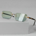 Fashion Frameless Rectangular Glasses，Unisex - Trendy Black Lenses Paired with Gold Tone Metal Frame，Classic design suitable for