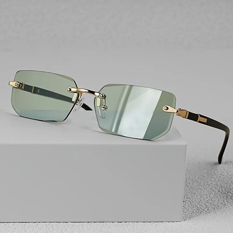 Fashion Frameless Rectangular Glasses，Unisex - Trendy Black Lenses Paired with Gold Tone Metal Frame，Classic design suitable for