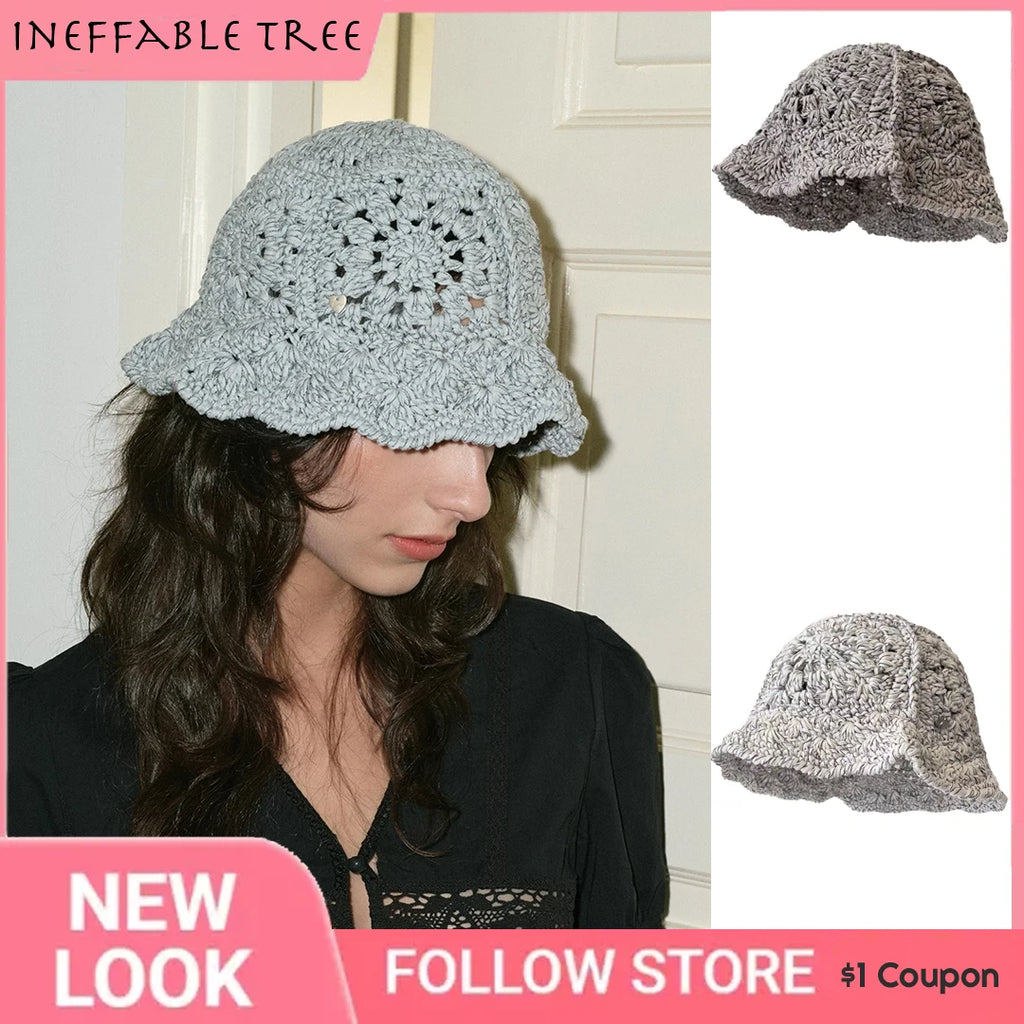Korean Retro Hollow Crochet Knitted Bucket Hats for Men Women Summer Autumn Versatile Casual Basin Cap Casquettes