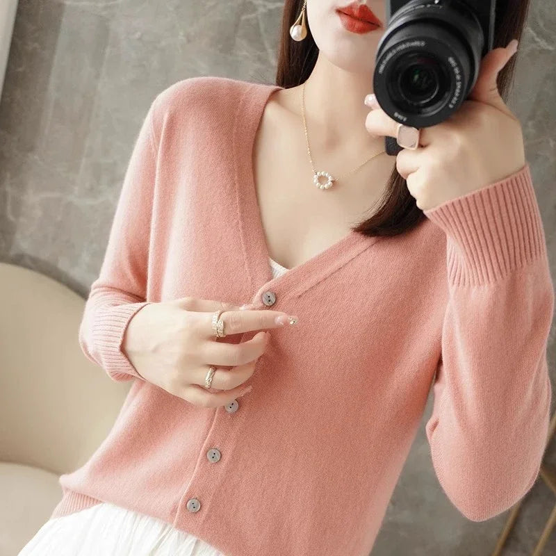 Women Cardigans Spring Autumn V-neck Single Breasted Short Slim Lady Knitwear Tops Solid Korean Fashion Sweaters