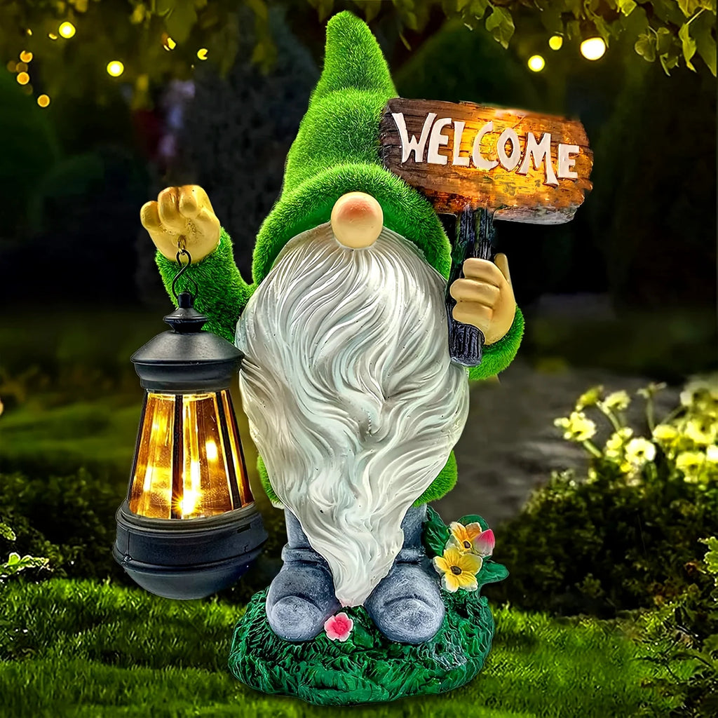 Garden Gnome Statue Outdoor Decor Large Flocked Resin Gnome Figurine with Solar Light Holding Lantern Welcome Sign
