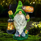 Garden Gnome Statue Outdoor Decor Large Flocked Resin Gnome Figurine with Solar Light Holding Lantern Welcome Sign