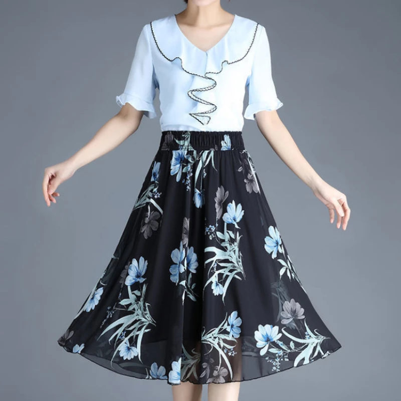 Skirts for Women Chiffon Woman Skirt Floral Midi Summer Casual New In Clothing Sales Modest Luxury Elegant High Quality V Cheap