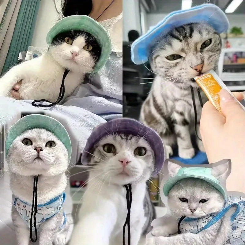 Pet Hats Cats Dogs Summer Sun Hats Open Ears Breathable Comfortable and Cute Bucket Hats Anti-strangulation Necks Adjustable