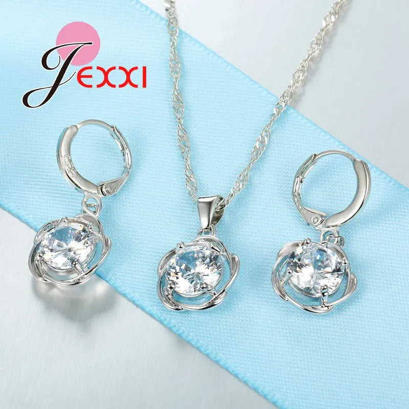 Silver Jewelry Set For Women  Fashion Element Austrian Crystal Pendant Necklaces Hoop Earrings Bridal Jewellery Sets