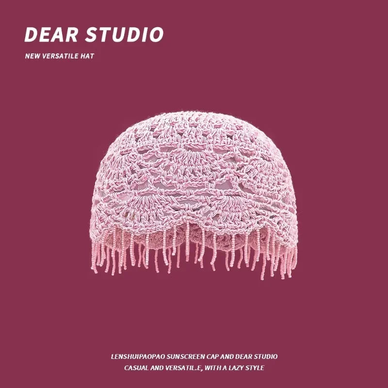 Personalized Beaded Fringed Knitted Beanies for Women Summer Autumn Thin Hollow Versatile Casual Retro Ethnic Style Pullover Hat