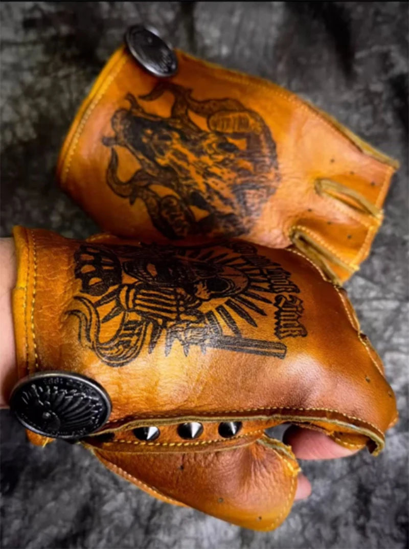 Motorcycle Gloves Men's Driving Retro Motorcycle Driver Non-Slip Durable Half Finger Fingerless Fitness Real Goat Leather Gloves
