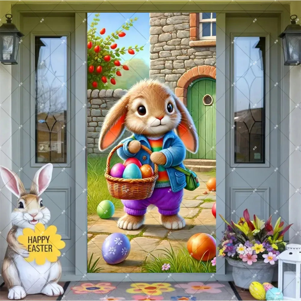 Spring Easter Theme Charming Rabbit On The Toilet Grass Flower Eggs Door Banner Cover Backdrop Easter Festival Party Porch Decor