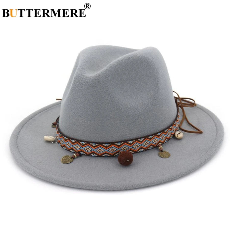 BUTTERMERE Red Fedoras Hats For Women Ethnic Style Wool Felt Hat Female Wide Brim Casual Ladies Autumn Holiday Jazz Caps Fashion