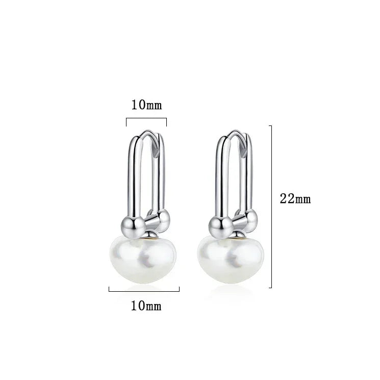 Real 925 Sterling SilverI Pearl Hoop Earring for Women Geometric Minimalist Ear Buckle Vintage Fine Jewelry Accessories