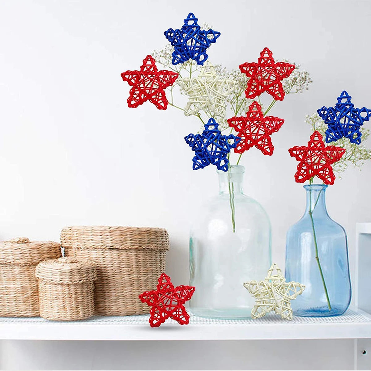 5/10Pcs 4th of July Star Shaped Rattan Balls Decoration Red Blue White Star Wicker Ball for 2023 Independence Day Home DIY Decor