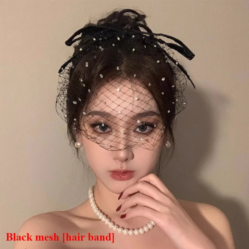 Gothic Subcultur Lace Bow Veil Small Fedoras Hats for Women Harajuku Lolita Feather Floral Fascinator Headband Hat Accessories