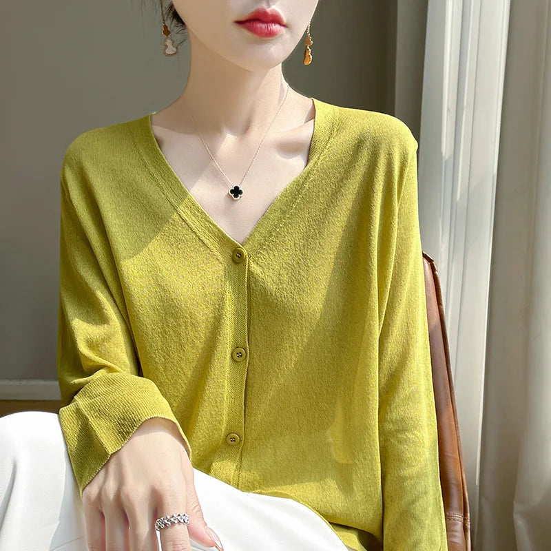 Women's Cardigans 2025 Thin Summer Single Breasted V-neck Loose Knitted Sweater Fashion Solid Tops Ice Silk Outerwears Jumpers