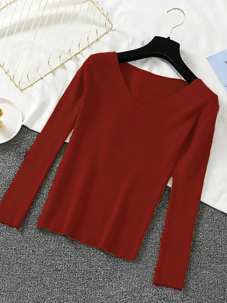 Women Sweater 2026 New Autumn Winter Long Sleeve Pullover Basic Top Fashion V-neck Elastic Female Winter Solid Knitted Jumper