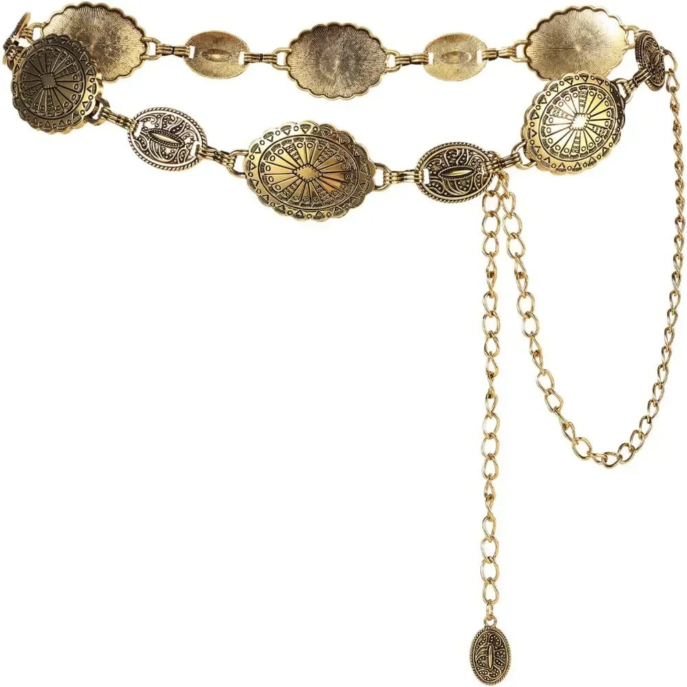 Metal Chain Belt for Women Cowgirl Western Country Chain Belts Adjustable Concho Belt for Sweaters Dresses Jeans