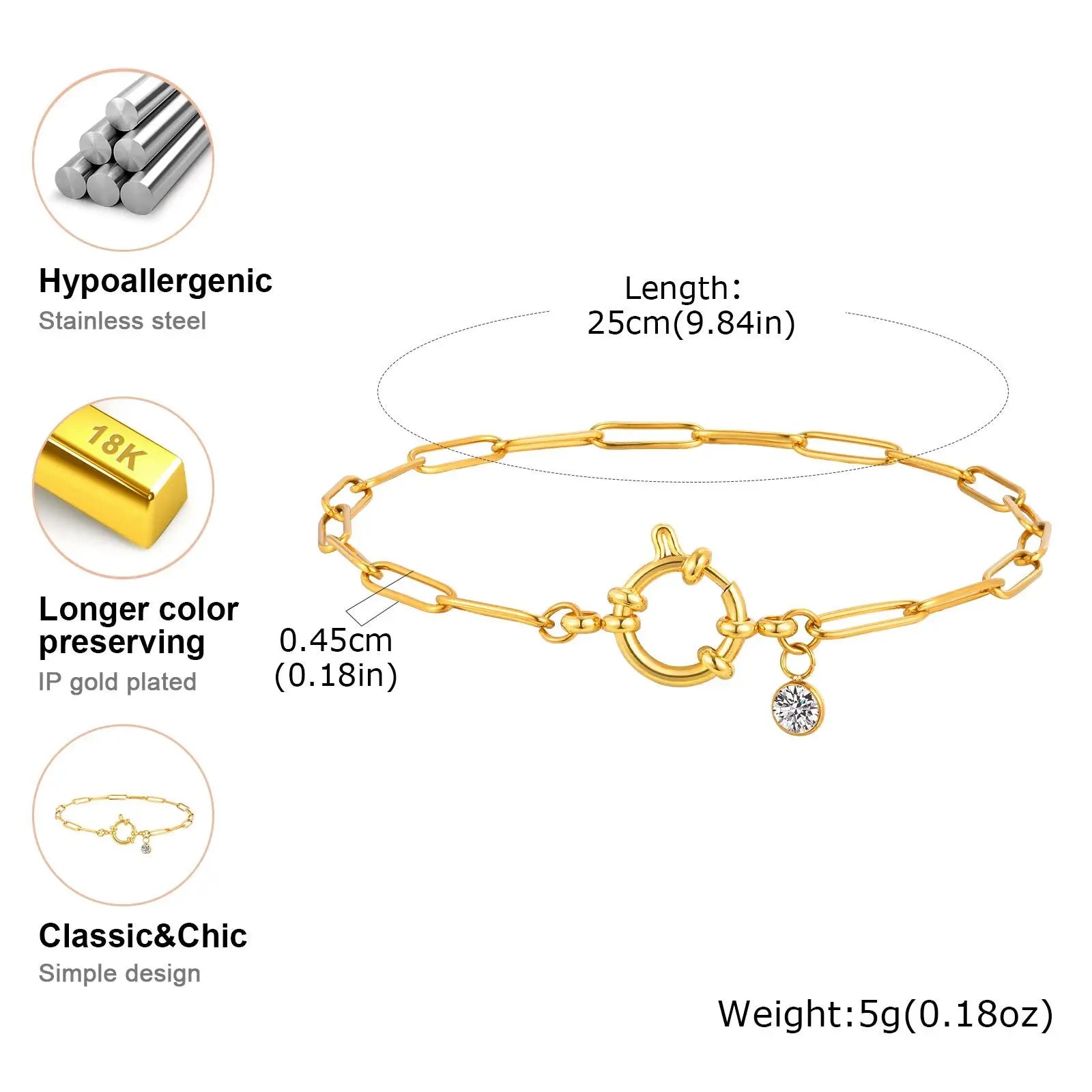 Anklet for Women, Adjustable Paperclip Chain Stainless Steel Link,Gold Plated Anklet Bracelet, Beach Summer Simple Foot Jewelry