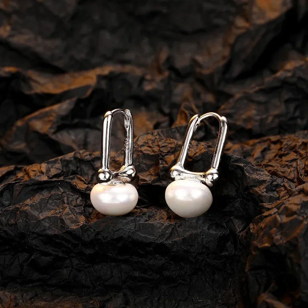 Real 925 Sterling SilverI Pearl Hoop Earring for Women Geometric Minimalist Ear Buckle Vintage Fine Jewelry Accessories