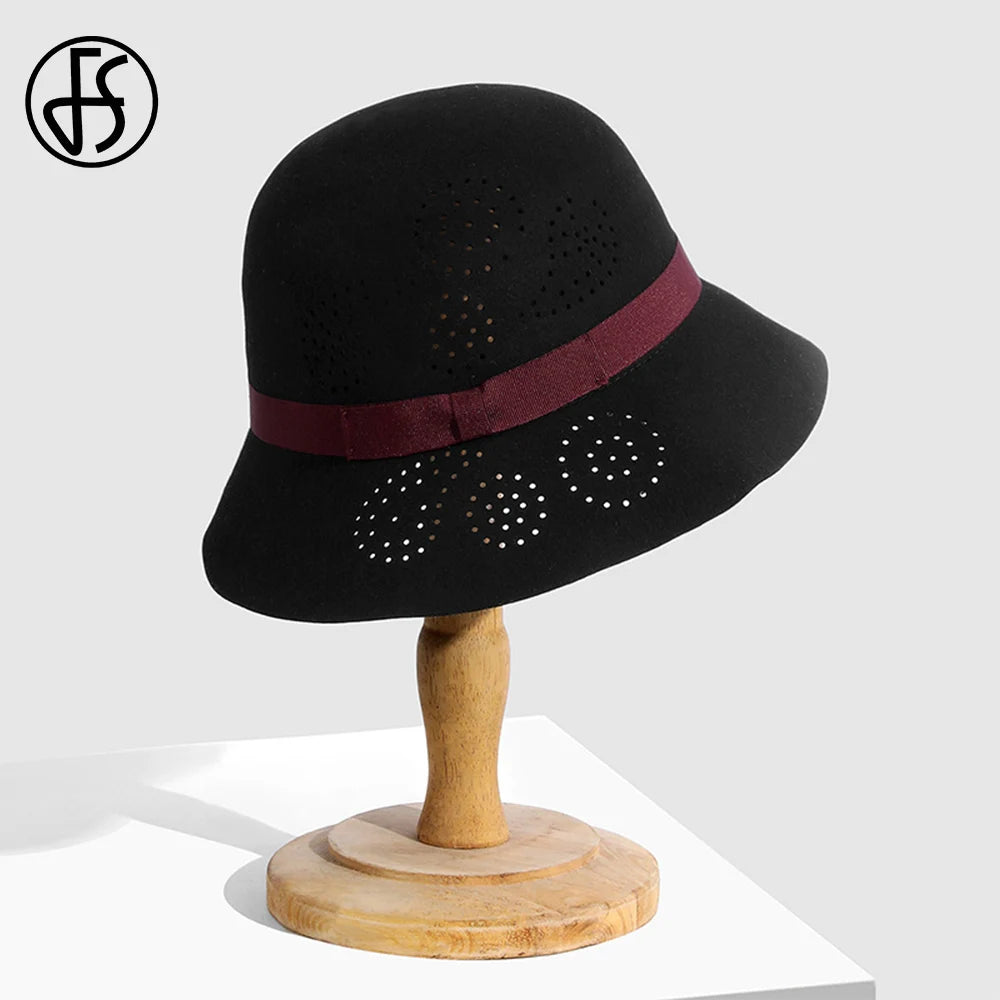 FS Beige Wool Fedoras Elegant Vintage Hats For Women Wide Brim Hollowed-out Cloche Cap Lady Autumn Winter Floppy Black Millinery