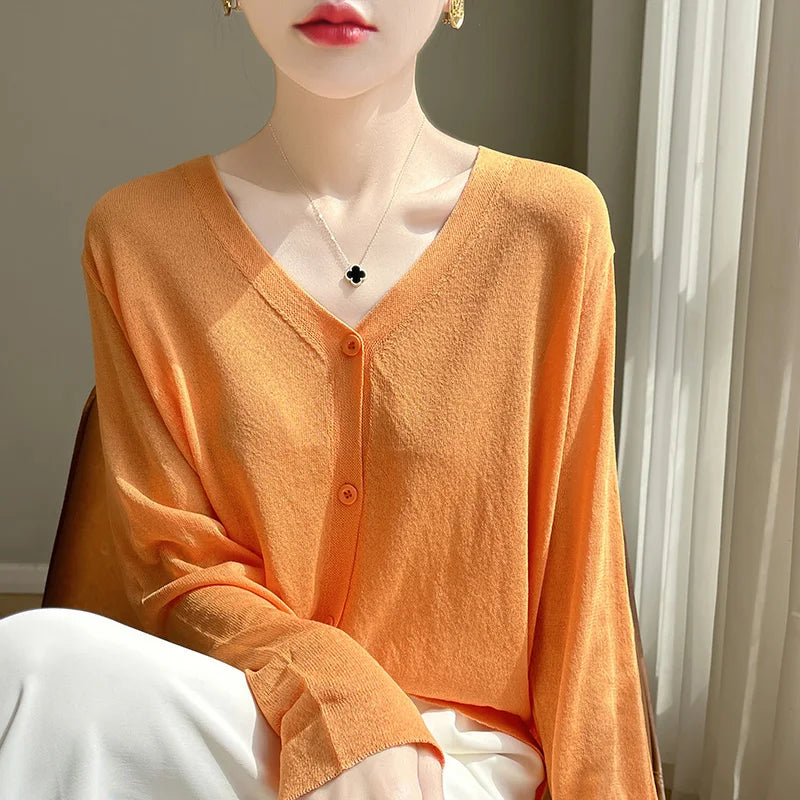 Women's Cardigans 2025 Thin Summer Single Breasted V-neck Loose Knitted Sweater Fashion Solid Tops Ice Silk Outerwears Jumpers