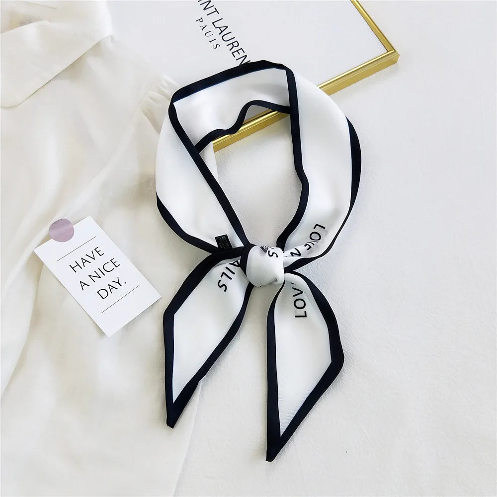 Women Hair Scarf Fashion Narrow Long Scarf Elegant Satin Silk Bow Tie Letter Print Bag Ribbon Headband Scarves Foulard Cheveux