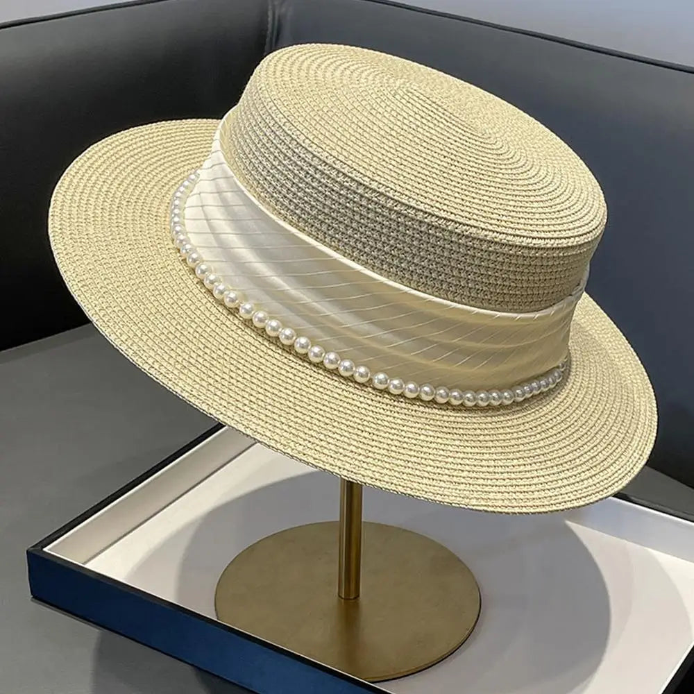 Women's Hat Female Hepburn Style Straw Hat Spring And Summer New Flat Top Hat French Retro Sun Hat Net Red Same Style Straw Hat