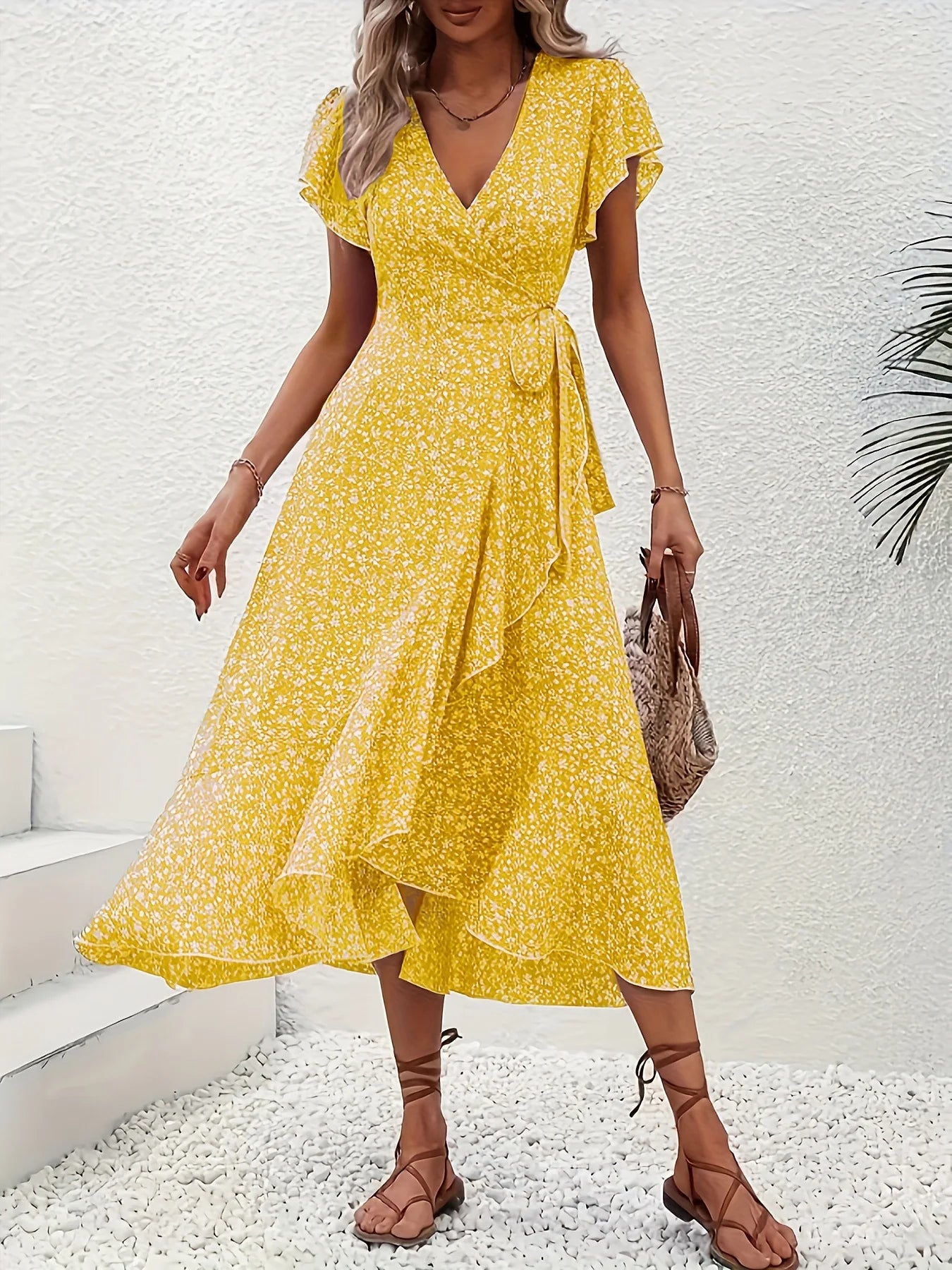Summer Dresses for Women Sexy V Neck Short Sleeve Irregular High Waist Lace-up Flower Print Dress Casual Beach Dresses